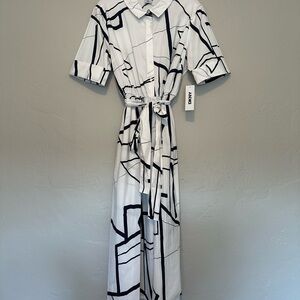 DKNY Abstract Short Sleeve Midi Shirtdress Size 16 White Navy